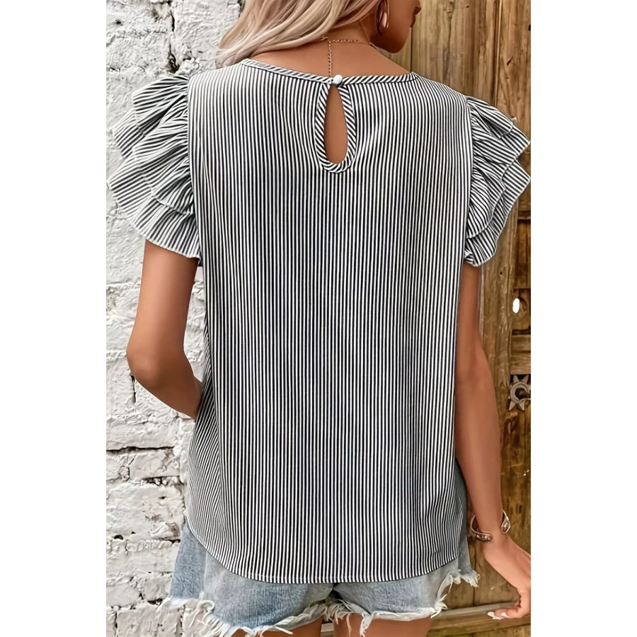 Stripe Striped Ruffle Sleeve Short Sleeve Round Neck Casual Shift Blouse Apparel and Accessories