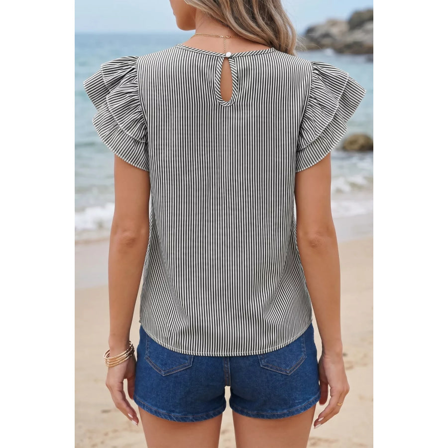 Stripe Striped Ruffle Sleeve Short Sleeve Round Neck Casual Shift Blouse Apparel and Accessories