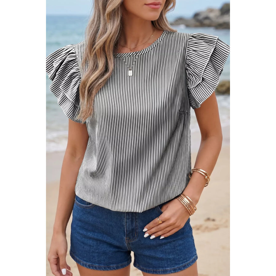 Stripe Striped Ruffle Sleeve Short Sleeve Round Neck Casual Shift Blouse Gray / S Apparel and Accessories