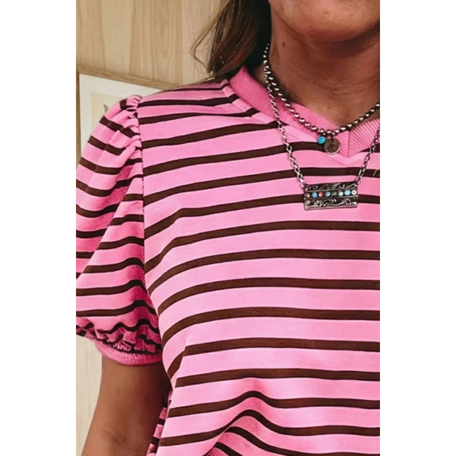 Stripe Striped V-Neck Ribbed Collar Cuff Gathering Puff Sleeve Top Apparel and Accessories
