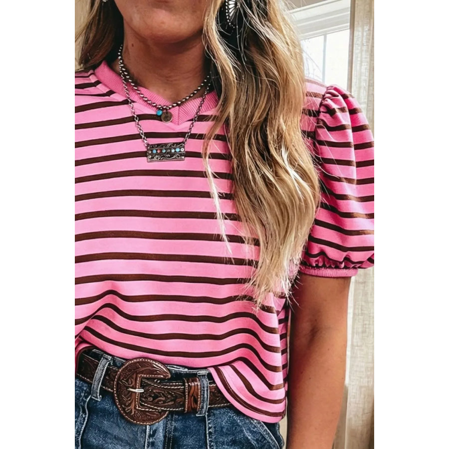 Stripe Striped V-Neck Ribbed Collar Cuff Gathering Puff Sleeve Top Apparel and Accessories