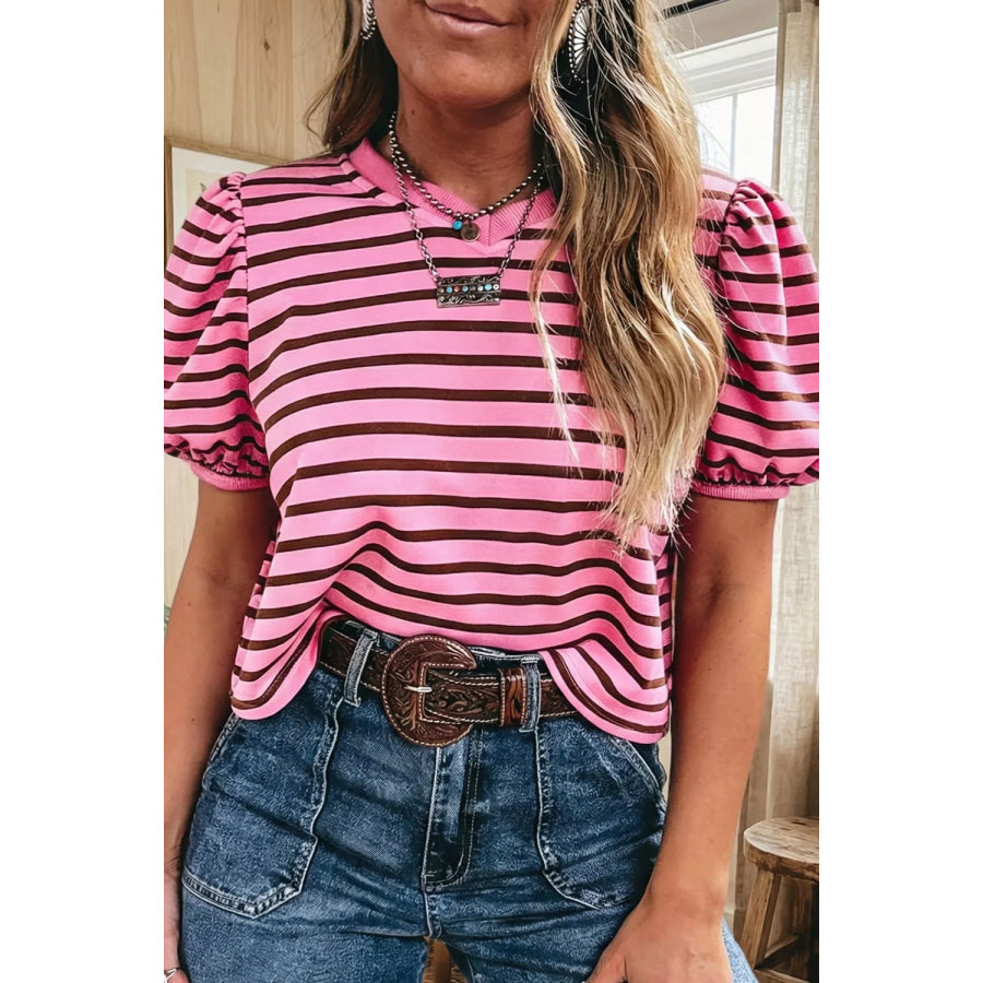 Stripe Striped V-Neck Ribbed Collar Cuff Gathering Puff Sleeve Top Fuchsia Pink / S Apparel and Accessories