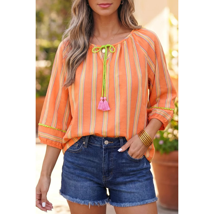 Stripe Tassel Tie Neck Bracelet Sleeve Cotton Blouse Apparel and Accessories