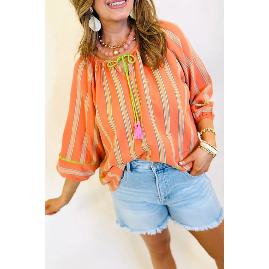Stripe Tassel Tie Neck Bracelet Sleeve Cotton Blouse Sherbet / S Apparel and Accessories