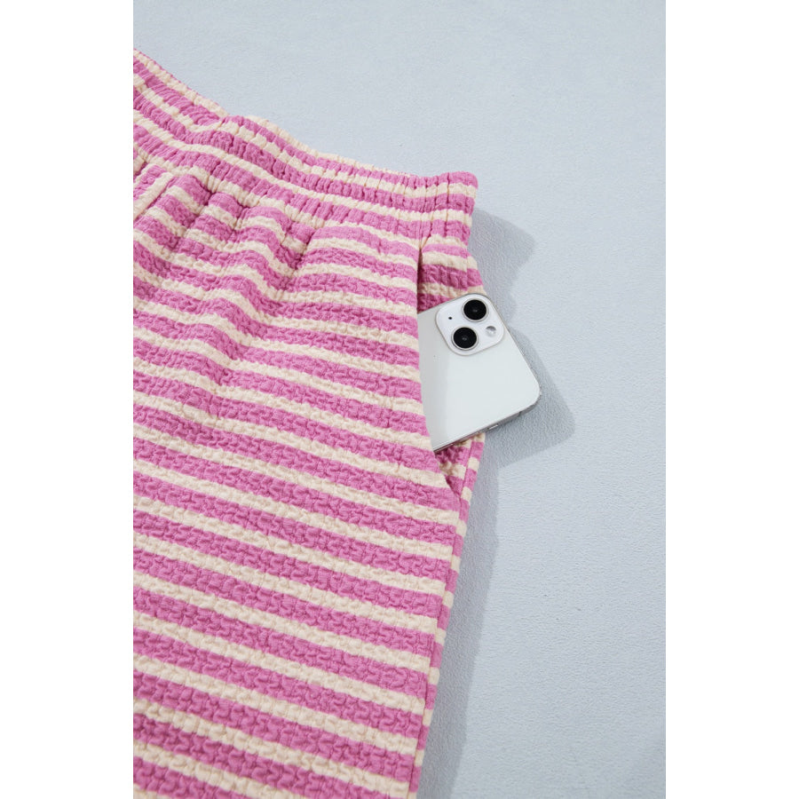 Stripe Textured Contrast Trim Casual Tank and Shorts Set Apparel Accessories