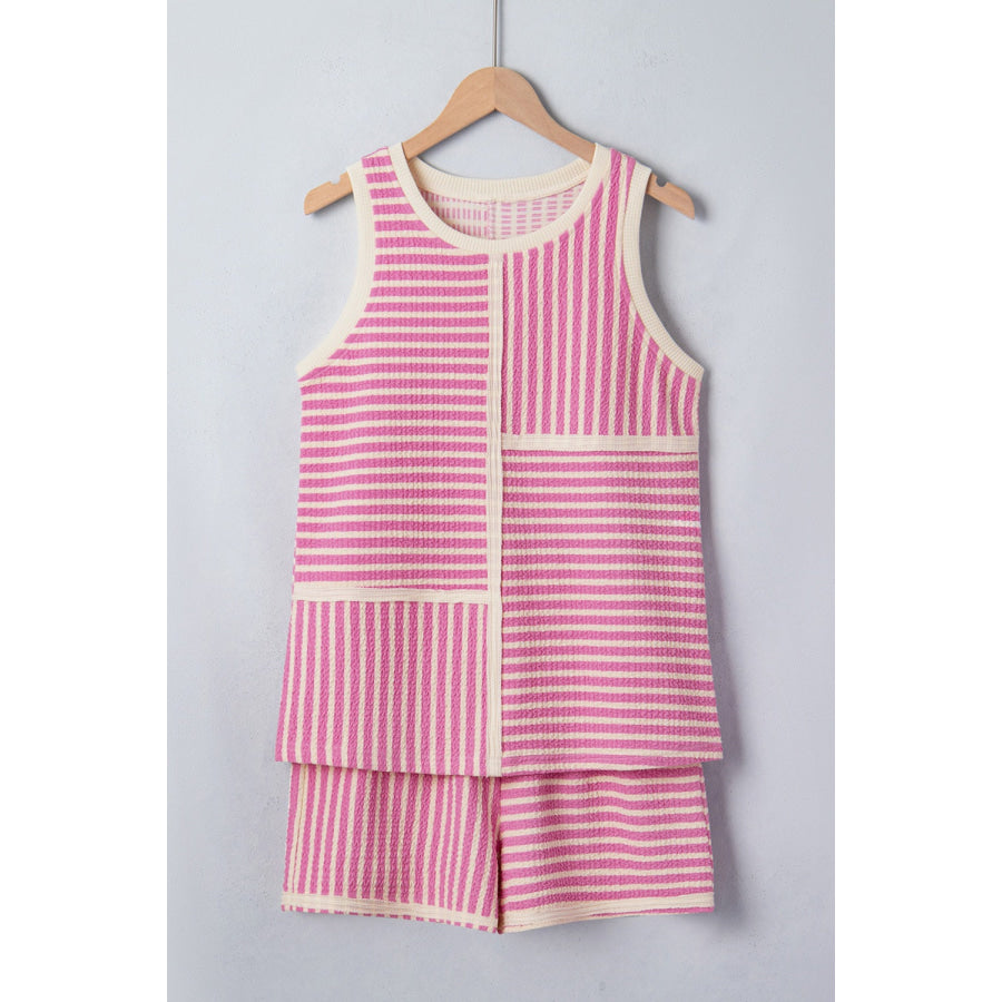 Stripe Textured Contrast Trim Casual Tank and Shorts Set Apparel Accessories