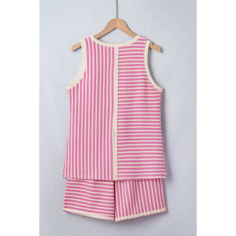Stripe Textured Contrast Trim Casual Tank and Shorts Set Apparel Accessories