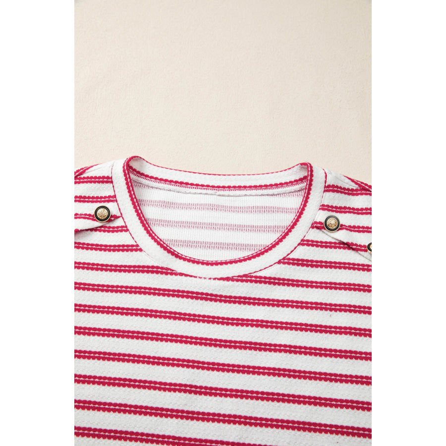 Stripe Textured Knit Button Detail Short Sleeve Casual Tee Apparel and Accessories