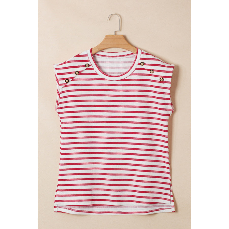 Stripe Textured Knit Button Detail Short Sleeve Casual Tee Apparel and Accessories
