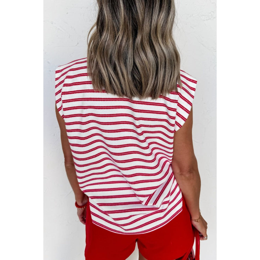 Stripe Textured Knit Button Detail Short Sleeve Casual Tee Apparel and Accessories