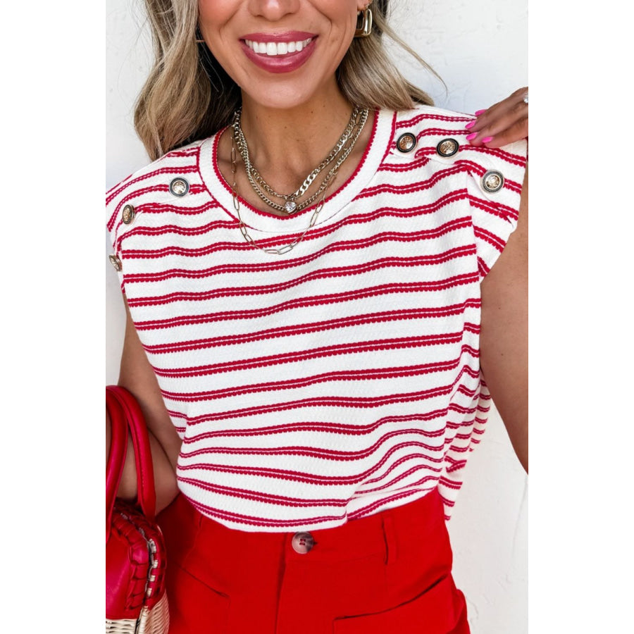 Stripe Textured Knit Button Detail Short Sleeve Casual Tee Apparel and Accessories