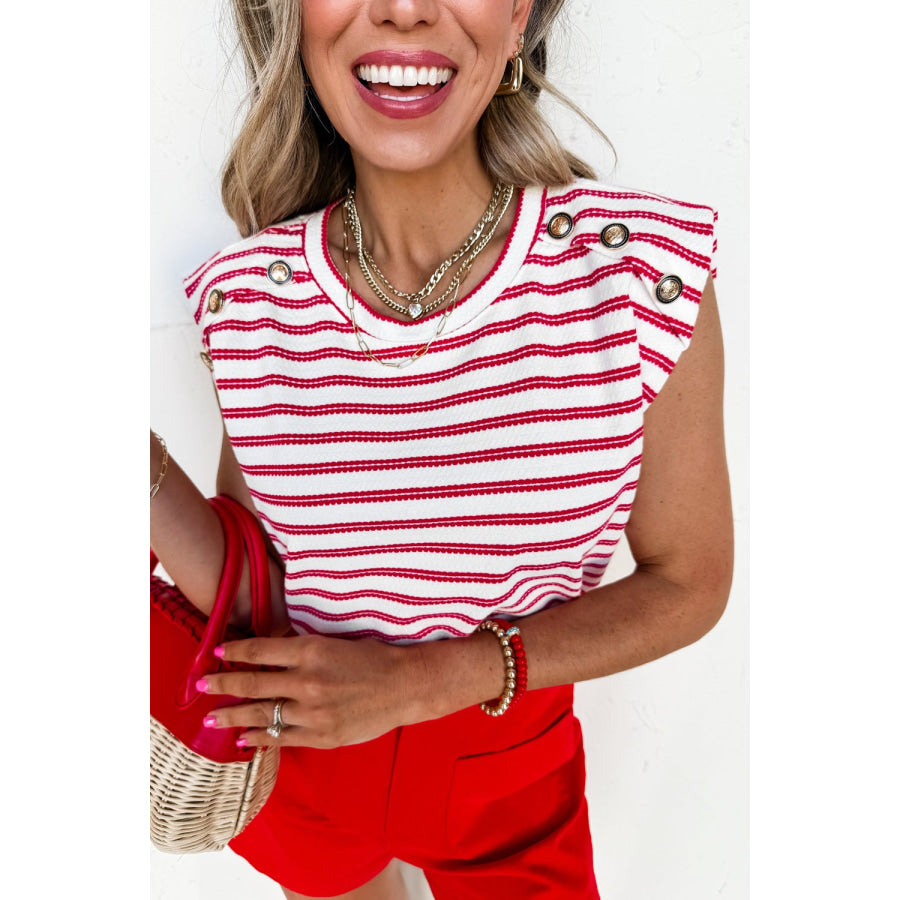 Stripe Textured Knit Button Detail Short Sleeve Casual Tee Strawberry / S Apparel and Accessories