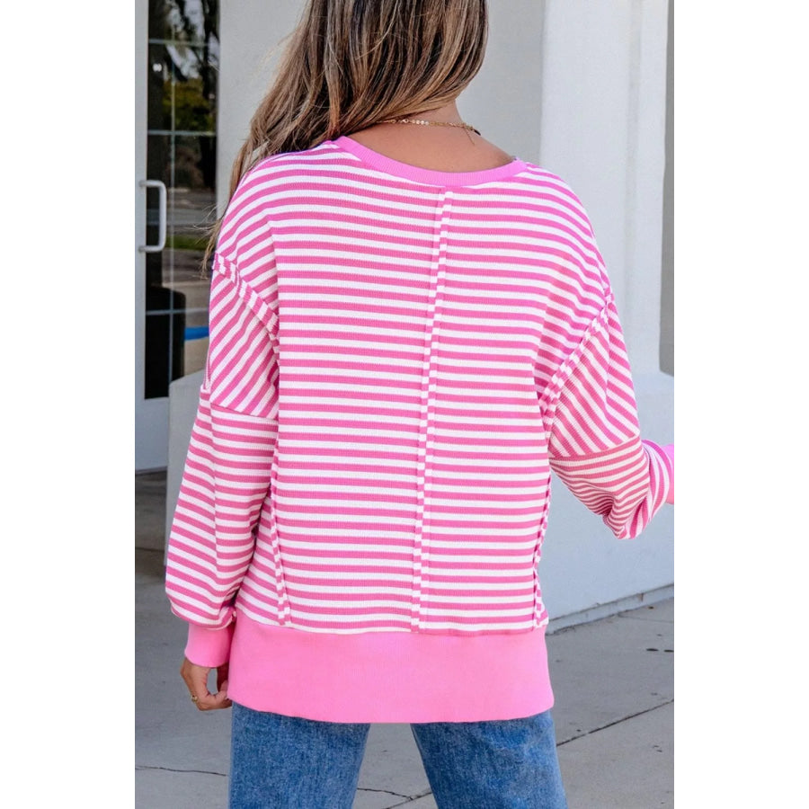 Stripe Textured Knit Color Block Trim Split Hem Long Sleeve Top Apparel and Accessories