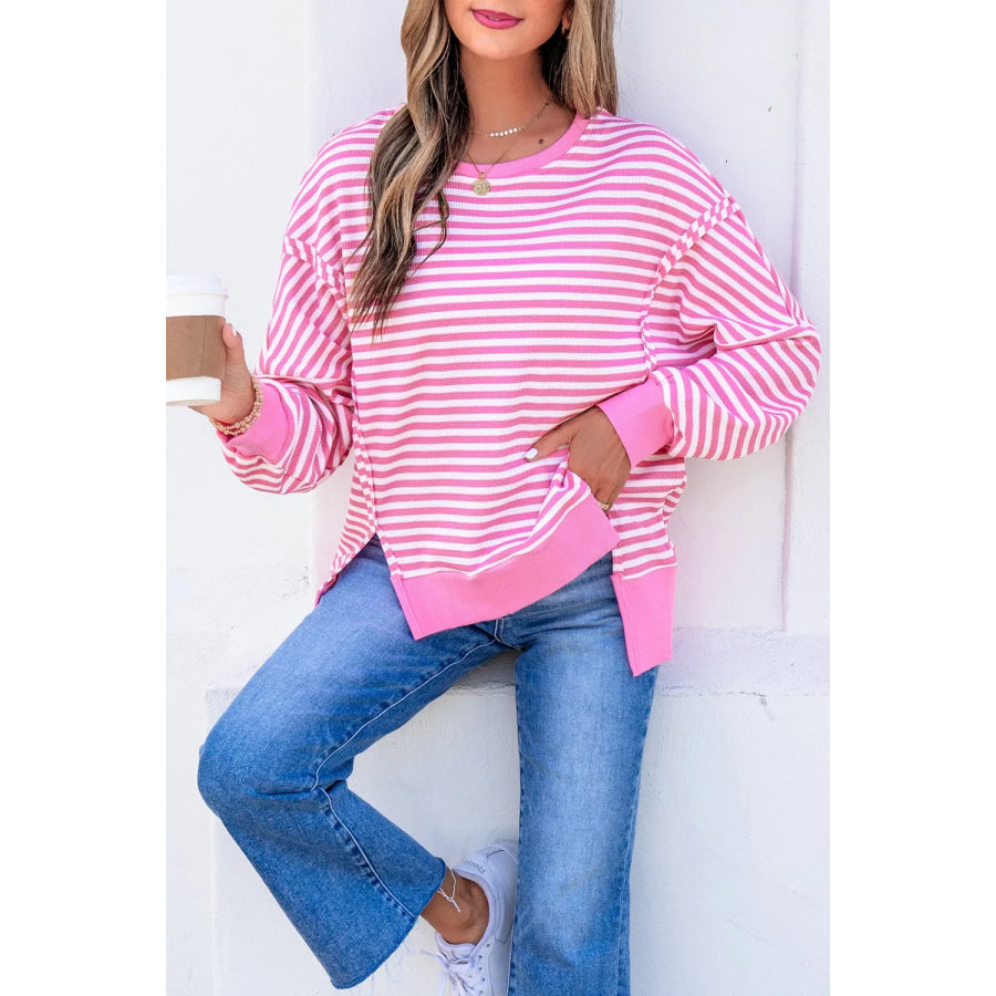 Stripe Textured Knit Color Block Trim Split Hem Long Sleeve Top Apparel and Accessories