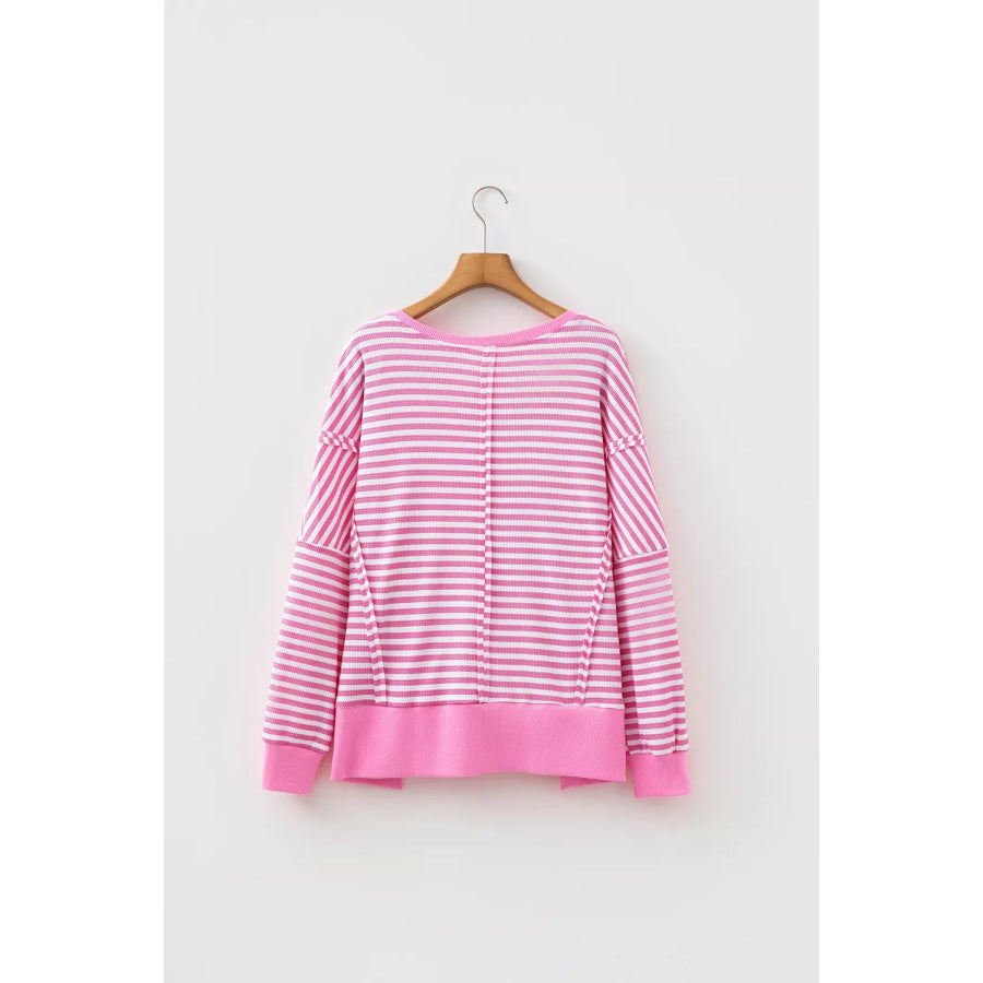 Stripe Textured Knit Color Block Trim Split Hem Long Sleeve Top Apparel and Accessories