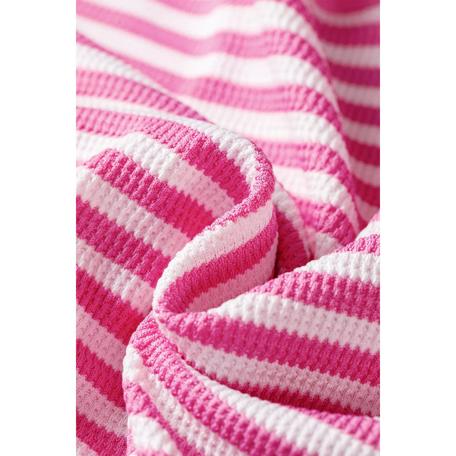 Stripe Textured Knit Color Block Trim Split Hem Long Sleeve Top Apparel and Accessories