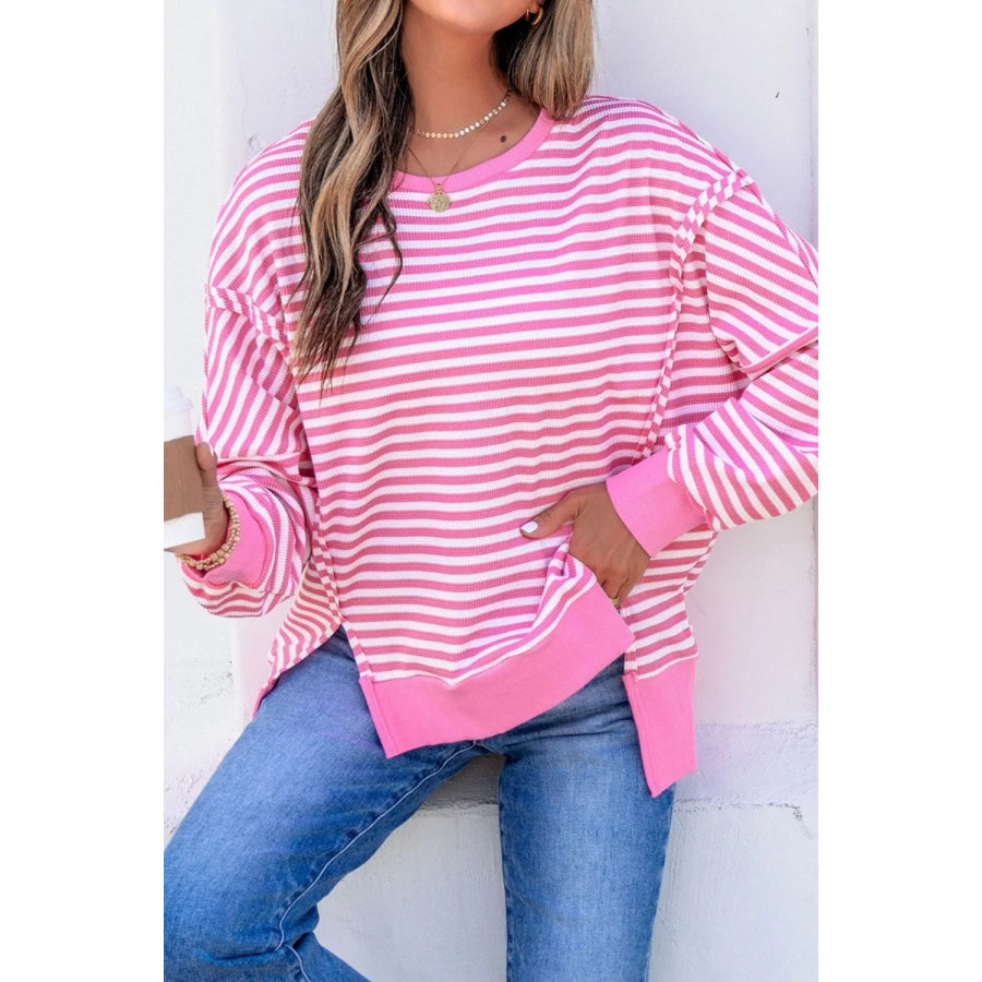Stripe Textured Knit Color Block Trim Split Hem Long Sleeve Top Apparel and Accessories
