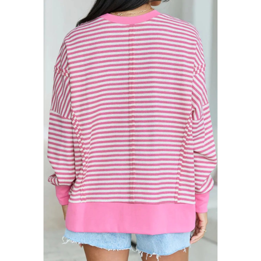 Stripe Textured Knit Color Block Trim Split Hem Long Sleeve Top Apparel and Accessories