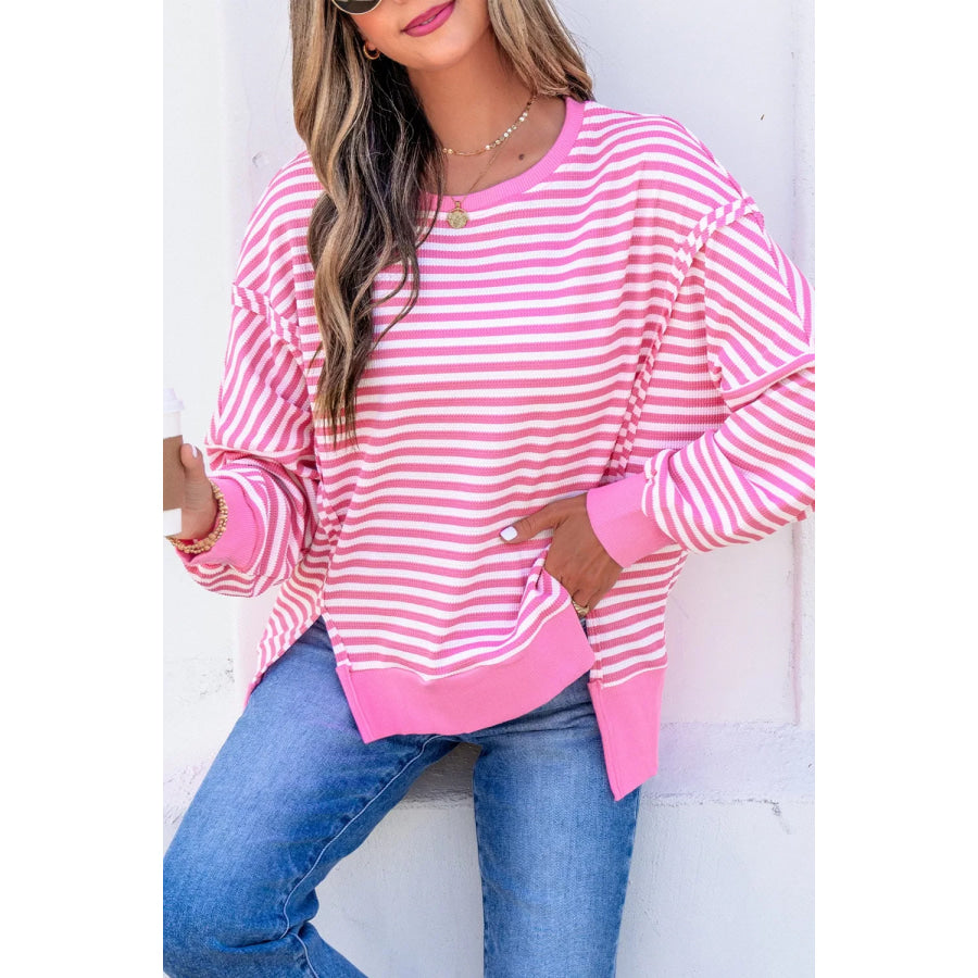 Stripe Textured Knit Color Block Trim Split Hem Long Sleeve Top Apparel and Accessories