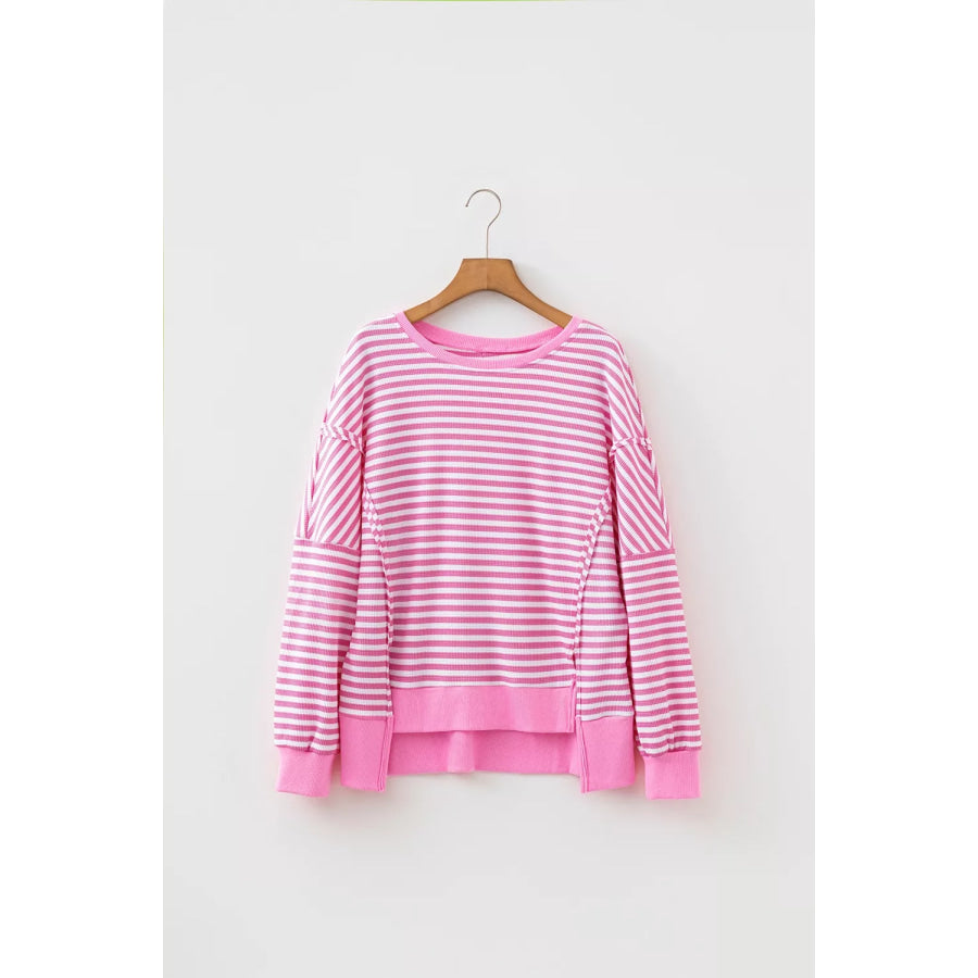 Stripe Textured Knit Color Block Trim Split Hem Long Sleeve Top Apparel and Accessories
