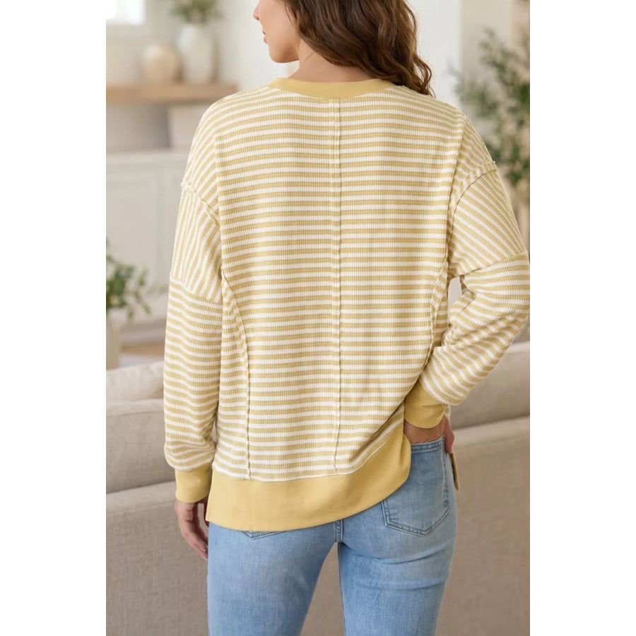 Stripe Textured Knit Color Block Trim Split Hem Long Sleeve Top Apparel and Accessories