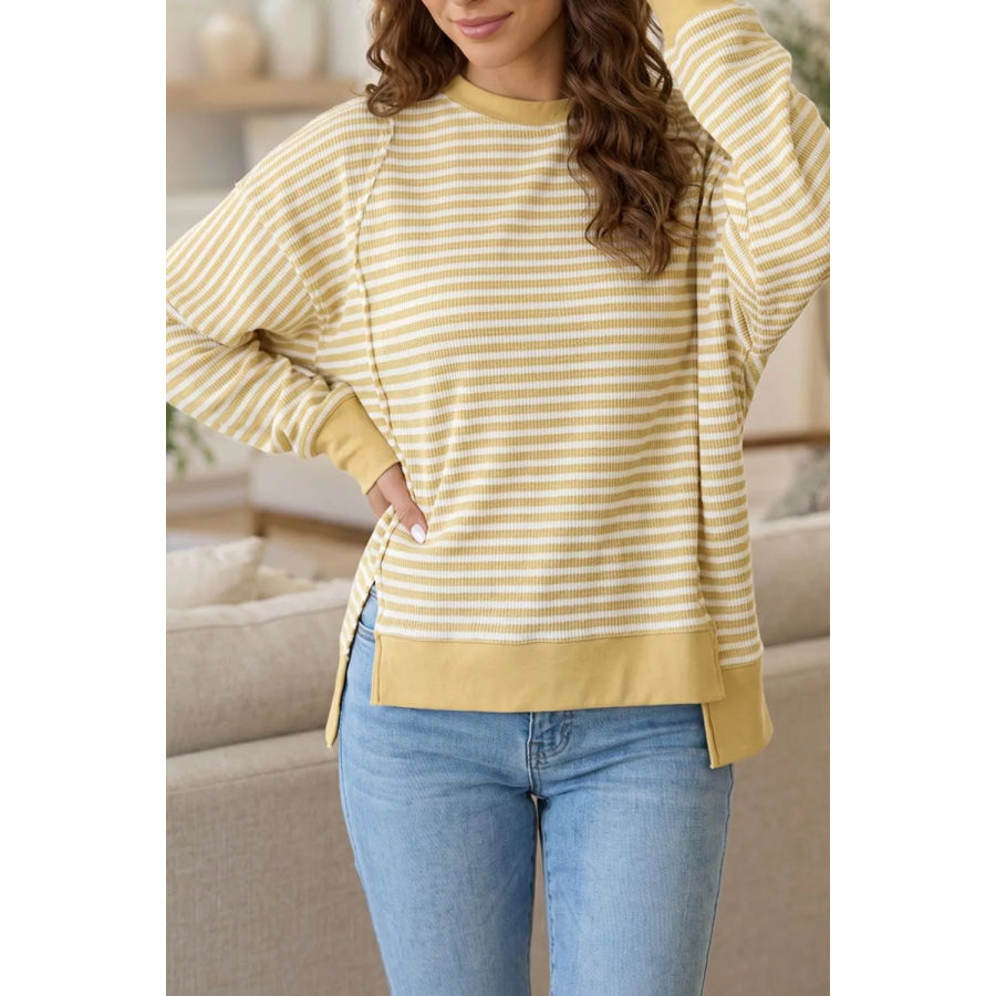 Stripe Textured Knit Color Block Trim Split Hem Long Sleeve Top Pastel Yellow / S Apparel and Accessories