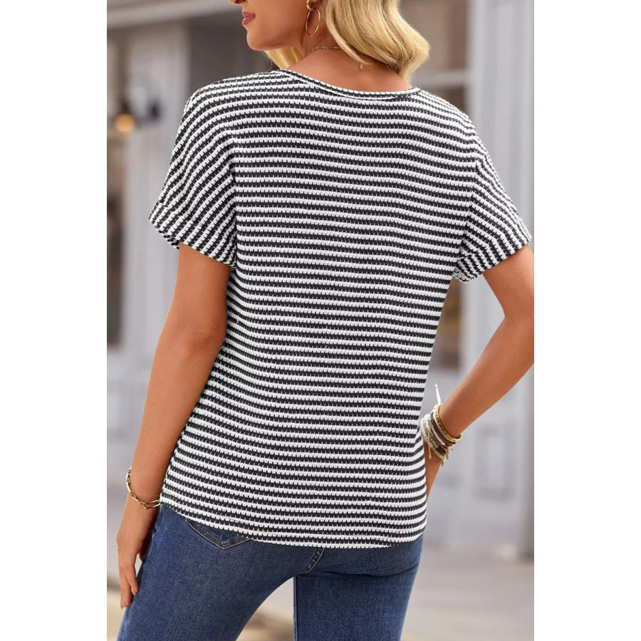 Stripe Textured Knit Notched Neck Cuffed Short Sleeve Top Apparel and Accessories