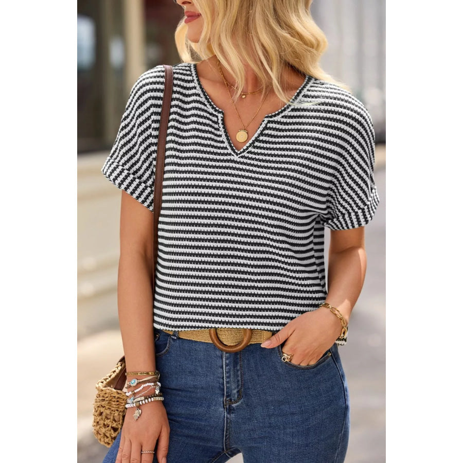 Stripe Textured Knit Notched Neck Cuffed Short Sleeve Top Apparel and Accessories