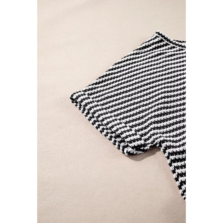 Stripe Textured Knit Notched Neck Cuffed Short Sleeve Top Apparel and Accessories