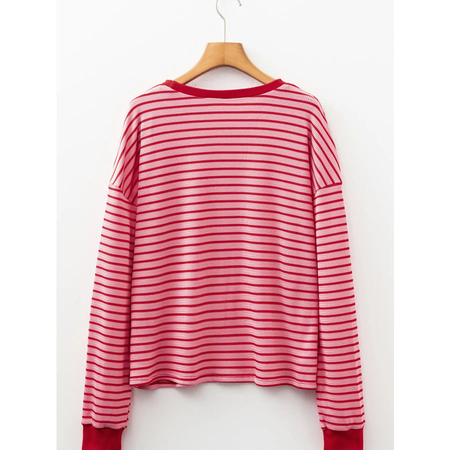 Stripe Textured Round Neck Drop Shoulder Long Sleeve T Shirt Apparel and Accessories