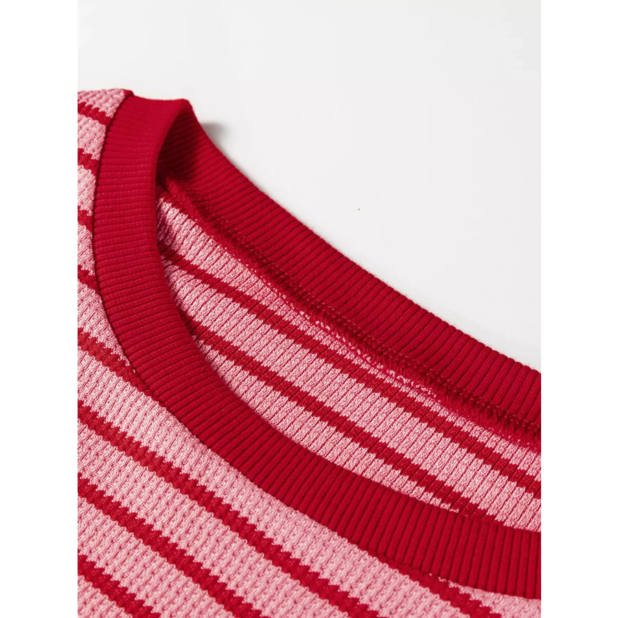 Stripe Textured Round Neck Drop Shoulder Long Sleeve T Shirt Apparel and Accessories