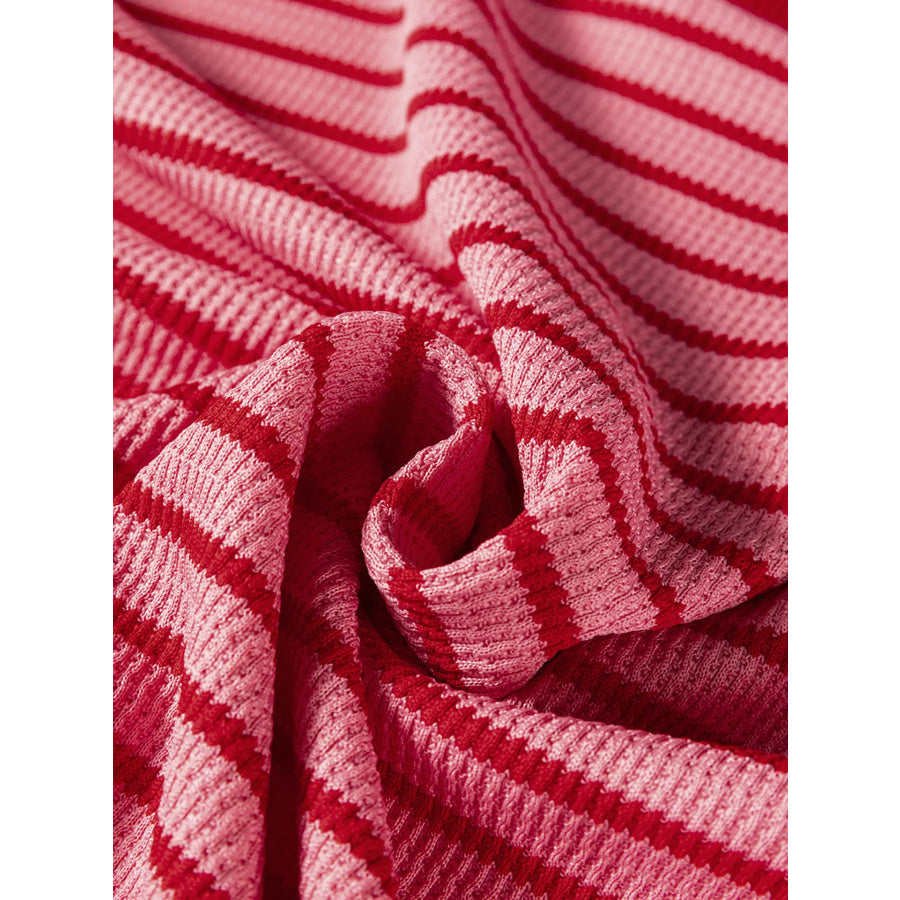 Stripe Textured Round Neck Drop Shoulder Long Sleeve T Shirt Apparel and Accessories