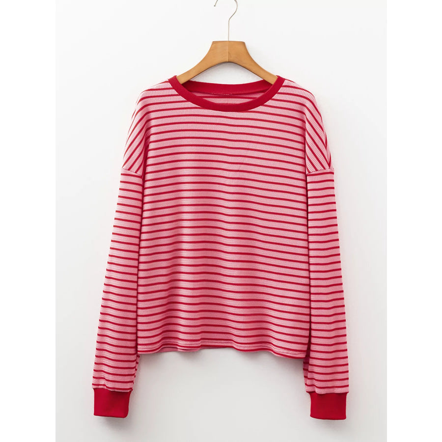 Stripe Textured Round Neck Drop Shoulder Long Sleeve T Shirt Strawberry / S Apparel and Accessories