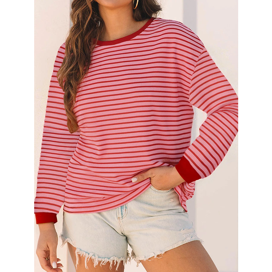 Stripe Textured Round Neck Drop Shoulder Long Sleeve T Shirt Strawberry / S Apparel and Accessories