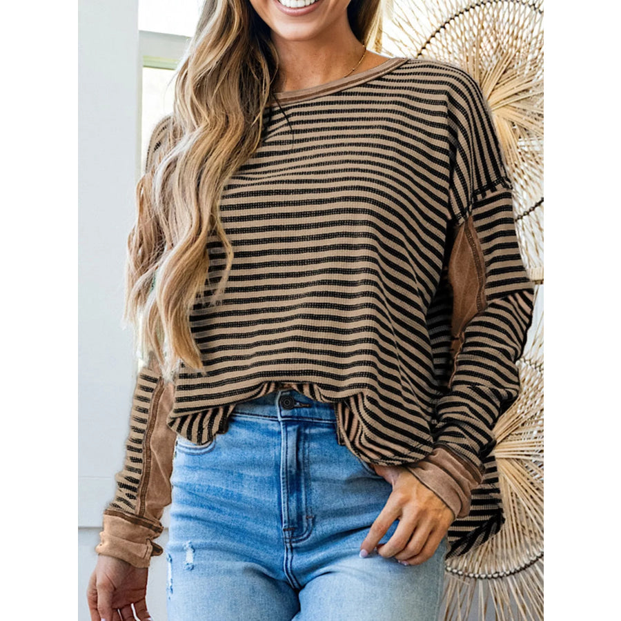 Stripe Thermal Knit Drop Shoulder Casual Top Taupe / S Apparel and Accessories