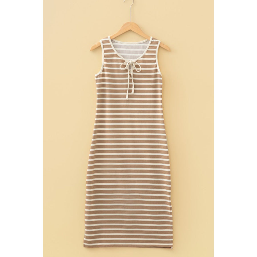 Stripe Tie V Neck Sleeveless Side Slit Midi Dress Apparel and Accessories