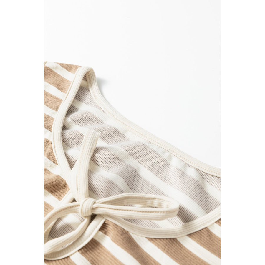 Stripe Tie V Neck Sleeveless Side Slit Midi Dress Apparel and Accessories