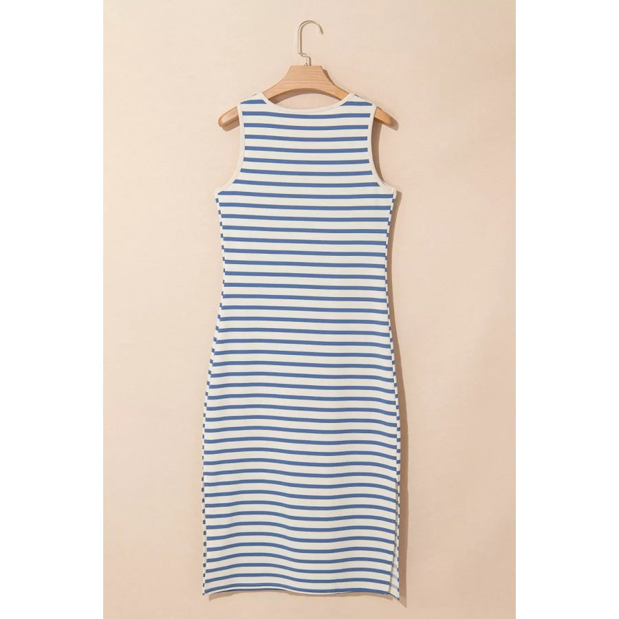 Stripe Tie V Neck Sleeveless Side Slit Midi Dress Apparel and Accessories