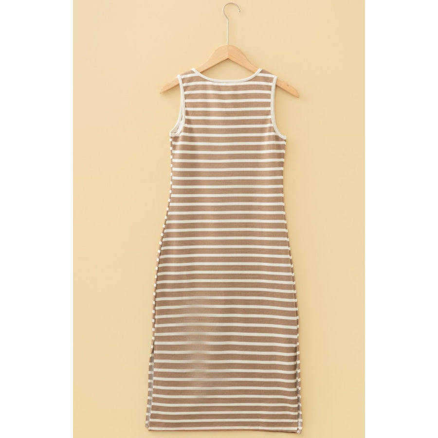 Stripe Tie V Neck Sleeveless Side Slit Midi Dress Apparel and Accessories