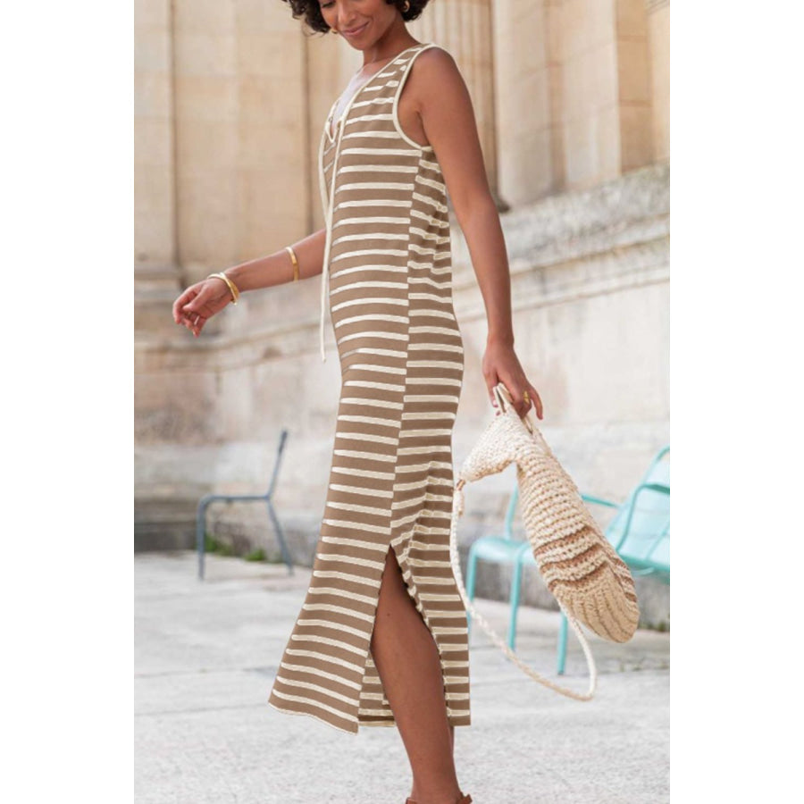 Stripe Tie V Neck Sleeveless Side Slit Midi Dress Apparel and Accessories