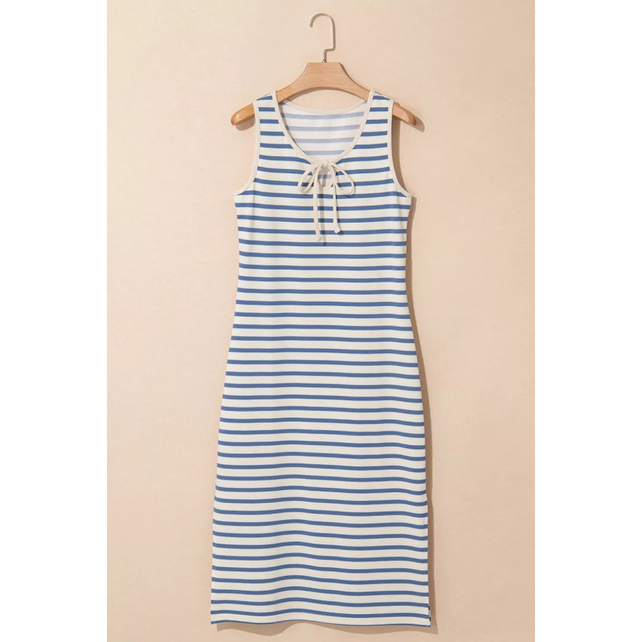 Stripe Tie V Neck Sleeveless Side Slit Midi Dress Apparel and Accessories