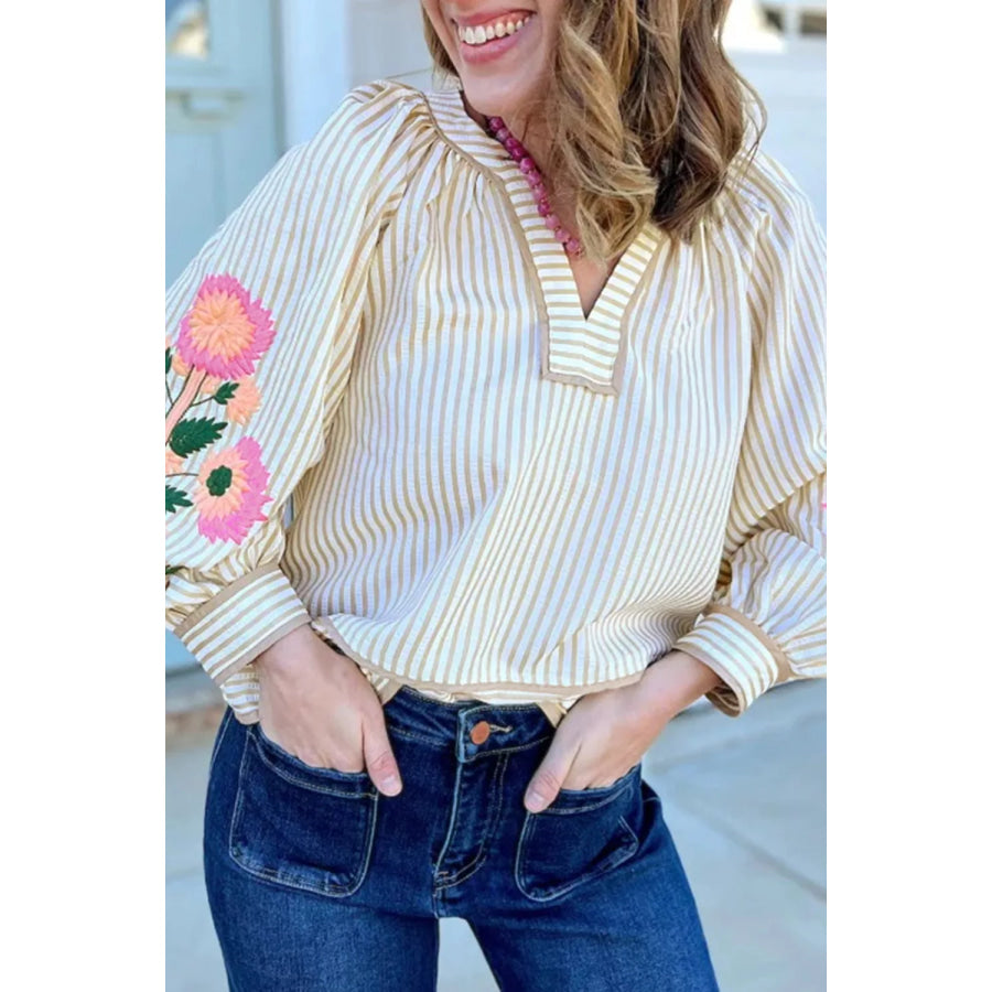 Stripe V Neck Floral Embroidered Long Sleeve Blouse Apparel and Accessories