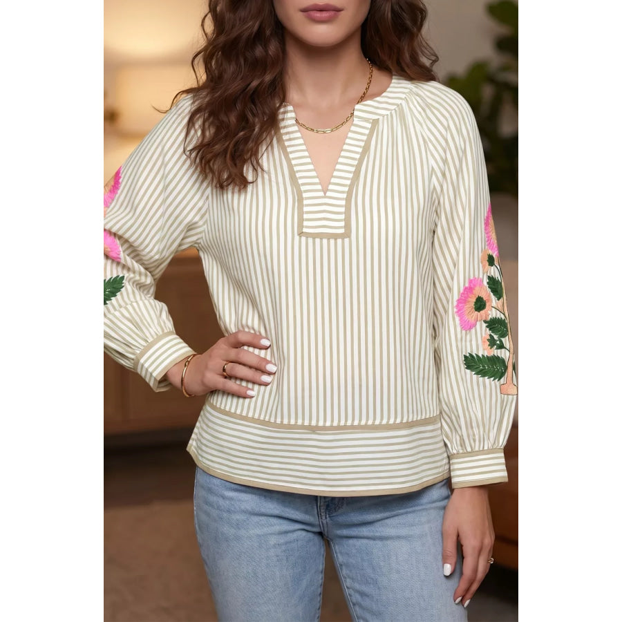 Stripe V Neck Floral Embroidered Long Sleeve Blouse Beige / S Apparel and Accessories
