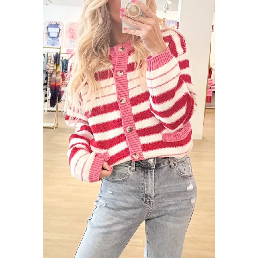Stripe V Neck Long Sleeve Regular Fit Cardigan Apparel and Accessories