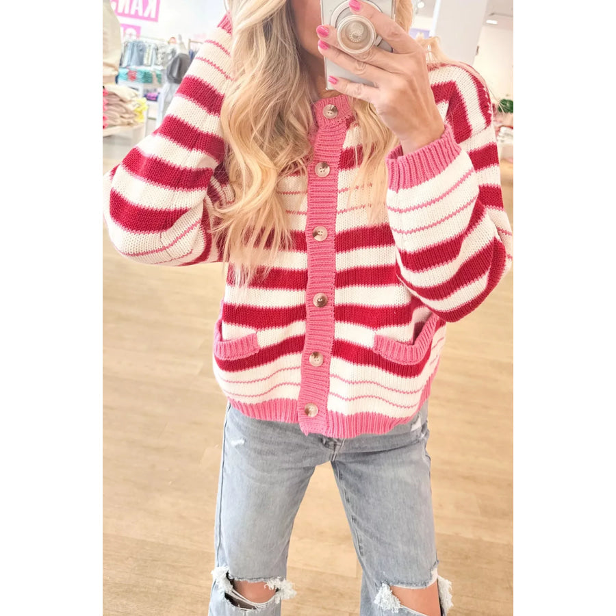 Stripe V Neck Long Sleeve Regular Fit Cardigan Strawberry / S Apparel and Accessories