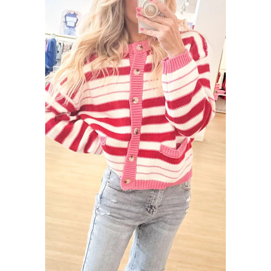 Stripe V Neck Long Sleeve Regular Fit Cardigan Apparel and Accessories