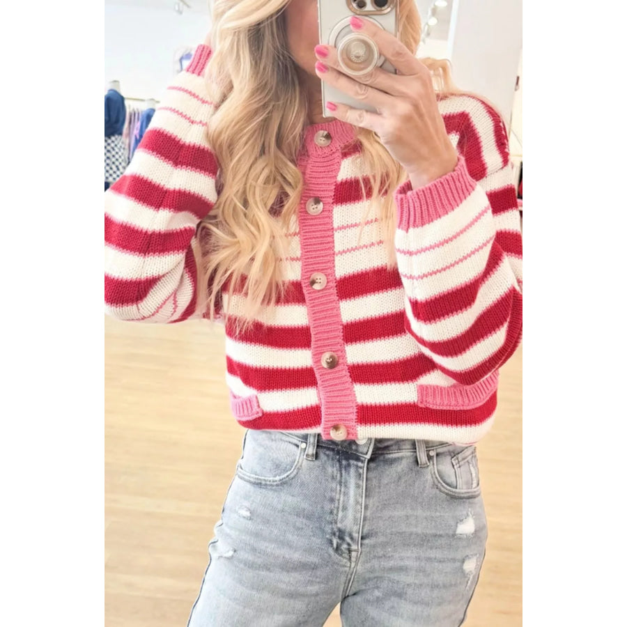 Stripe V Neck Long Sleeve Regular Fit Cardigan Apparel and Accessories