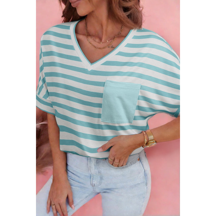 Stripe V Neck Patched Pocket Casual T Shirt Apparel and Accessories