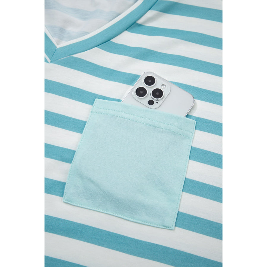 Stripe V Neck Patched Pocket Casual T Shirt Apparel and Accessories