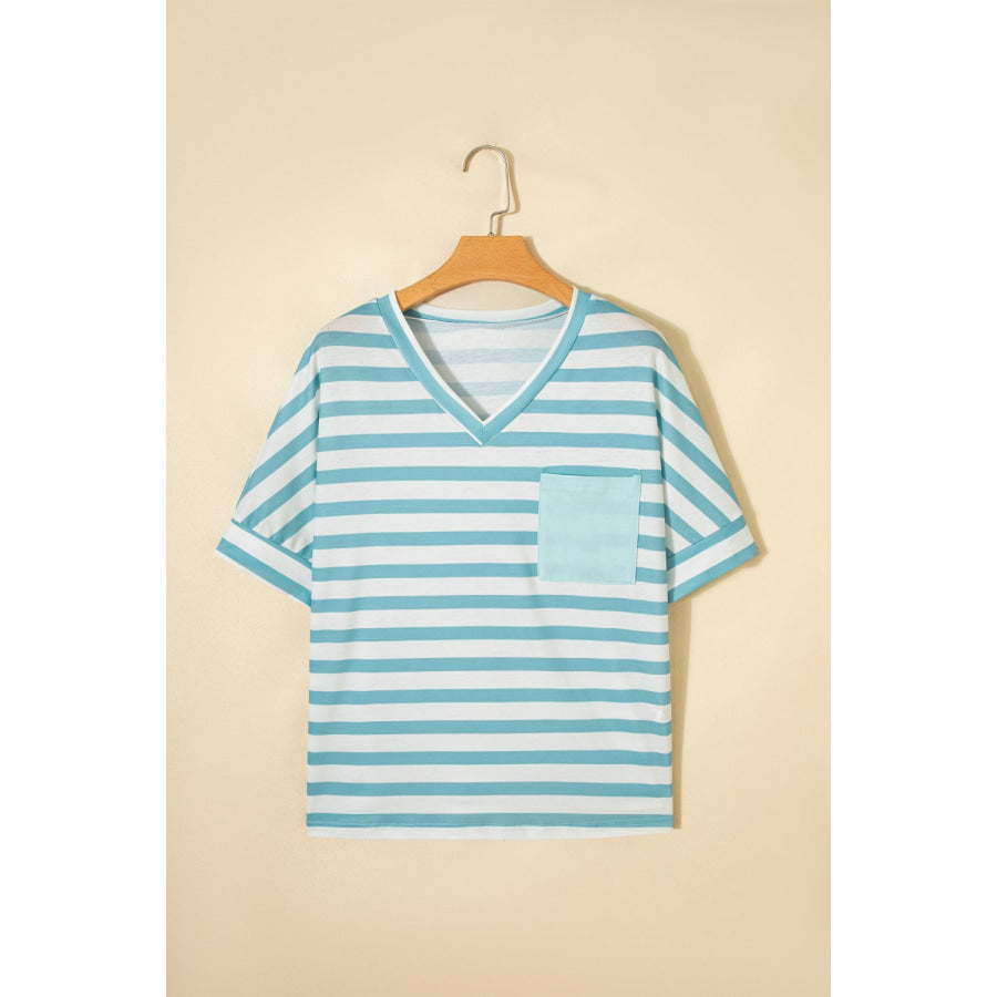 Stripe V Neck Patched Pocket Casual T Shirt Apparel and Accessories